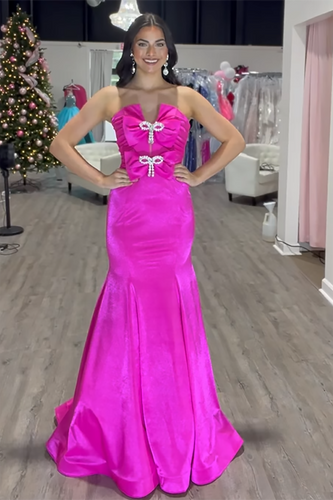 Fuchsia Satin Mermaid Long Formal Dress with Bows