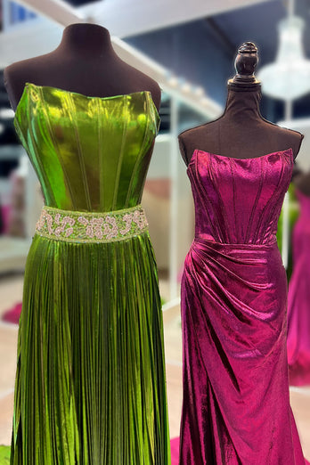Green Metallic Pleated Corset A-Line Long Formal Dress