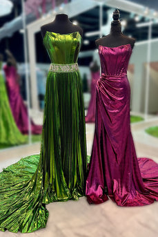Green Metallic Pleated Corset A-Line Long Formal Dress