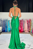 Load image into Gallery viewer, Green Mermaid Satin Halter Long Formal Dress