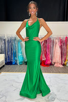 Load image into Gallery viewer, Green Mermaid Satin Halter Long Formal Dress
