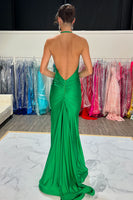 Load image into Gallery viewer, Green Satin Halter Neck Mermaid Long Formal Dress
