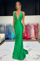 Load image into Gallery viewer, Green Satin Halter Neck Mermaid Long Formal Dress
