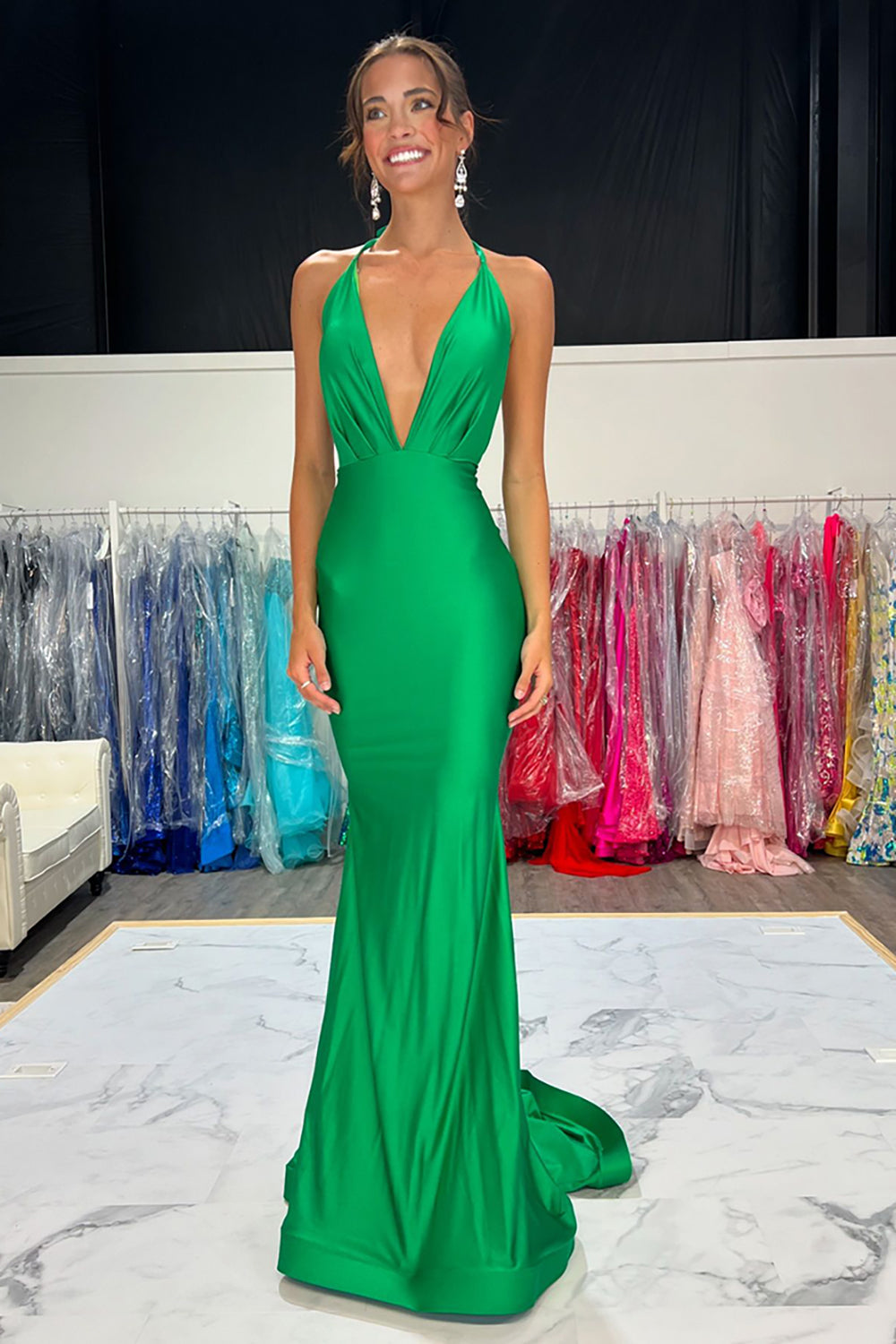 Green Satin Halter Neck Mermaid Long Formal Dress