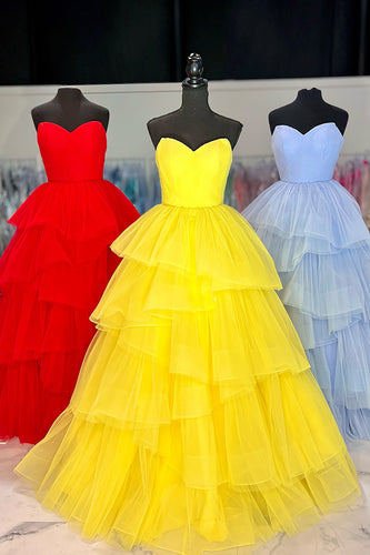 Yellow Sweetheart Tulle Tiered A-Line Long Formal Dress
