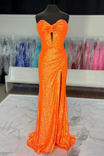 Glitter Orange Sheath Sequin Long Mermaid Formal Dress with Slit