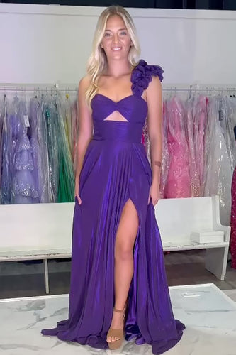 Purple One Shoulder Cut Out A-Line Formal Dress with Slit