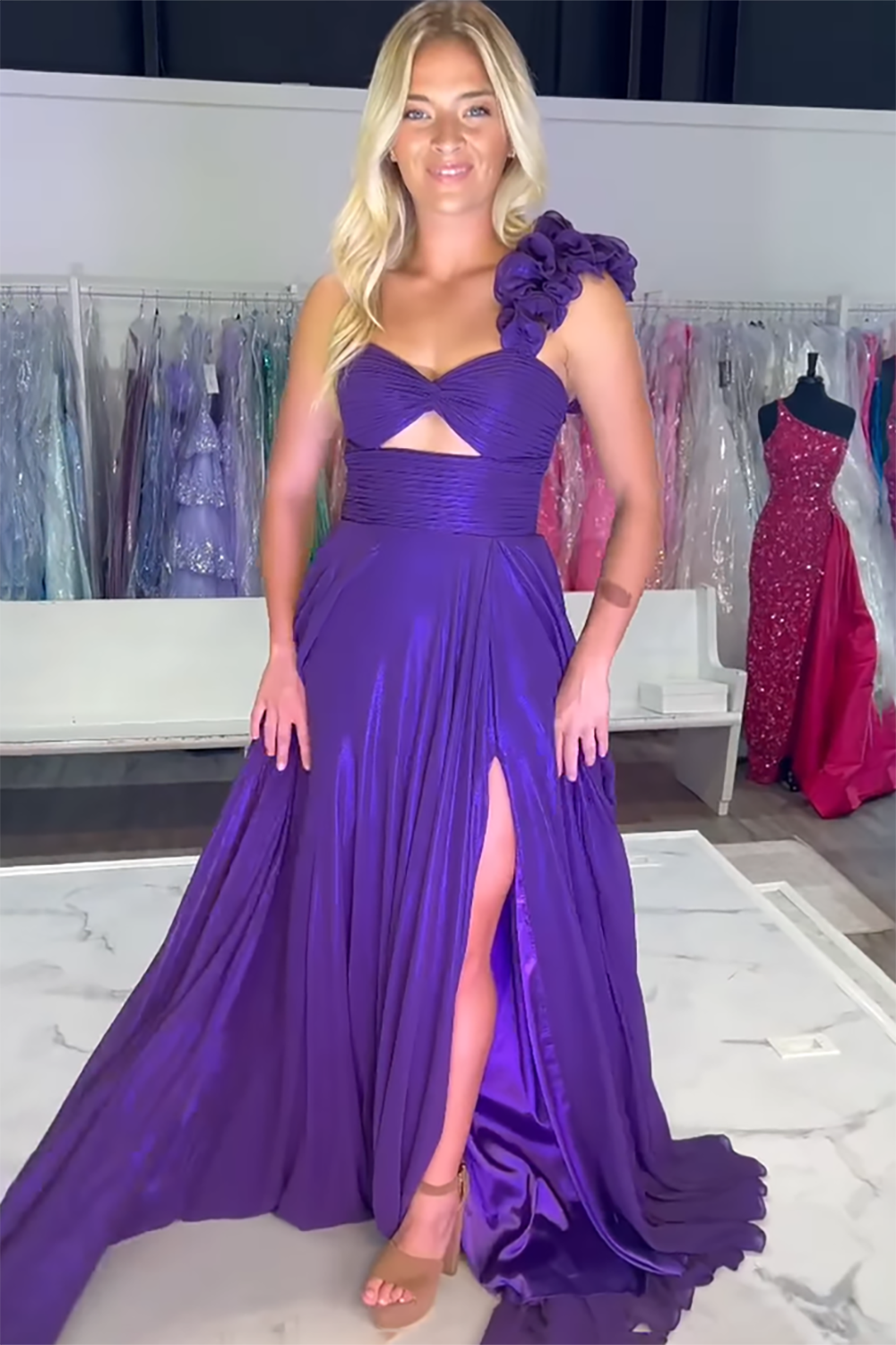 Purple One Shoulder Cut Out A-Line Formal Dress with Slit