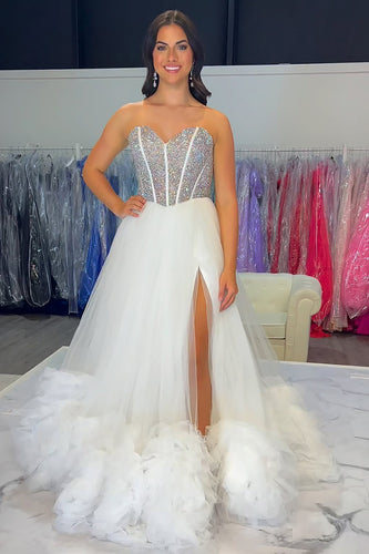 Sparkly White Tulle Corset Long Formal Dress with Beading
