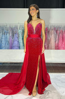 Load image into Gallery viewer, Sparkly Red Beaded Mermaid Formal Dress with Slit