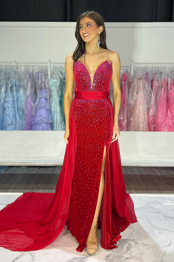 Sparkly Red Beaded Mermaid Formal Dress with Slit