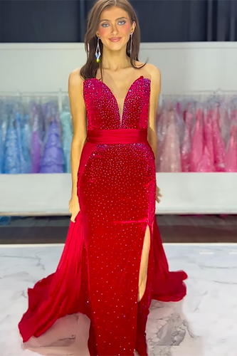 Sparkly Red Beaded Mermaid Formal Dress with Slit