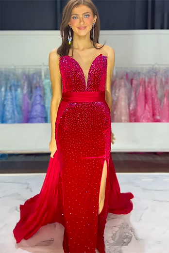 Sparkly Red Beaded Mermaid Formal Dress with Slit