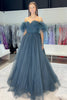 Load image into Gallery viewer, Grey Blue Off the Shoulder Tulle A Line Long Formal Dress