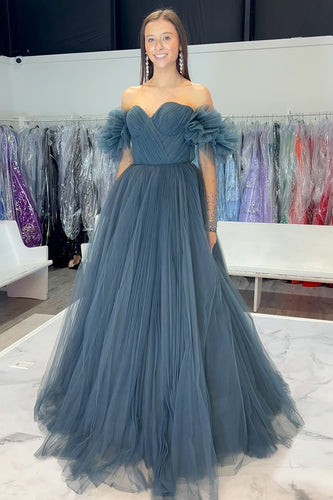 Grey Blue Off the Shoulder Tulle A Line Long Formal Dress