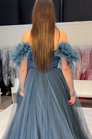 Load image into Gallery viewer, Grey Blue Off the Shoulder Tulle A Line Long Formal Dress