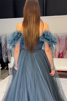 Grey Blue Off the Shoulder Tulle A Line Long Formal Dress