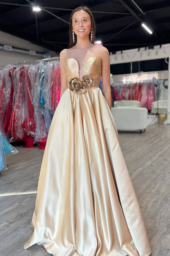 Gold Satin A-Line Sweetheart Long Formal Dress