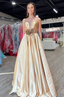 Load image into Gallery viewer, Gold Satin A-Line Sweetheart Long Formal Dress