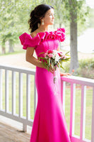 Load image into Gallery viewer, Fuchsia Off the Shoulder Mermaid Satin Formal Dress with Ruffles