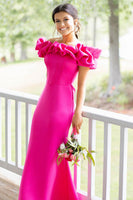 Load image into Gallery viewer, Fuchsia Off the Shoulder Mermaid Satin Formal Dress with Ruffles