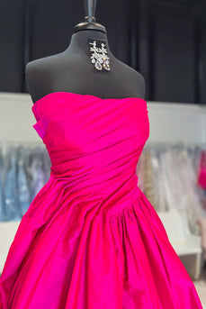 Fuchsia Satin Ruched Strapless A Line Long Formal Dress