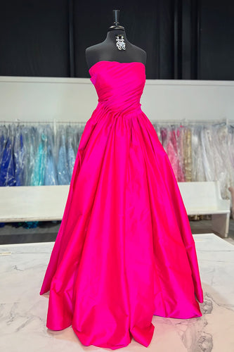 Fuchsia Satin Ruched Strapless A Line Long Formal Dress