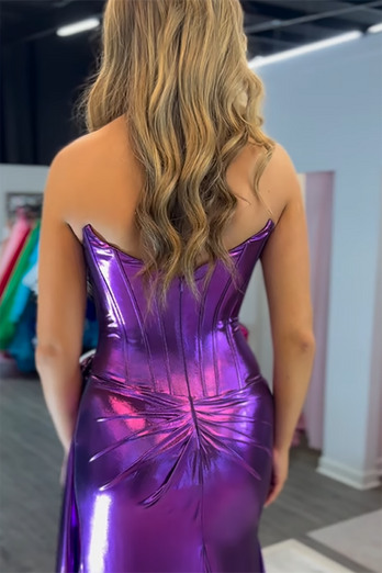 Purple Metallic Corset Mermaid Long Formal Dress with Slit