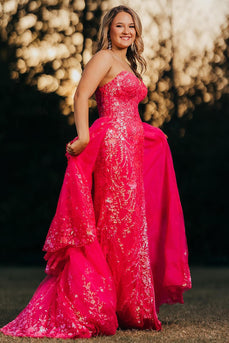 Sparkly Fuchsia Sequin Tiered Long Corset Formal Dress with Appliques