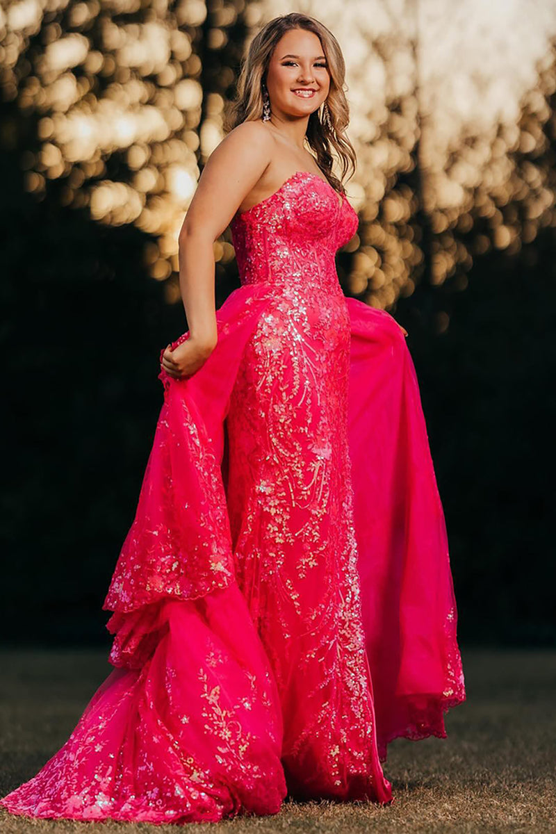 Load image into Gallery viewer, Sparkly Fuchsia Sequin Tiered Long Corset Formal Dress with Appliques