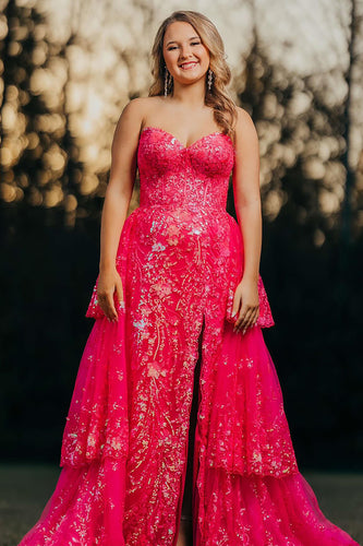 Sparkly Fuchsia Sequin Tiered Long Corset Formal Dress with Appliques