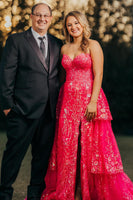 Load image into Gallery viewer, Sparkly Fuchsia Sequin Tiered Long Corset Formal Dress with Appliques