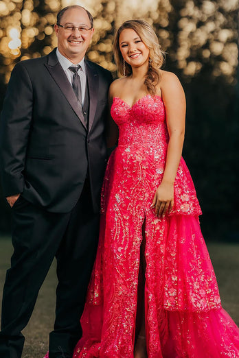 Sparkly Fuchsia Sequin Tiered Long Corset Formal Dress with Appliques