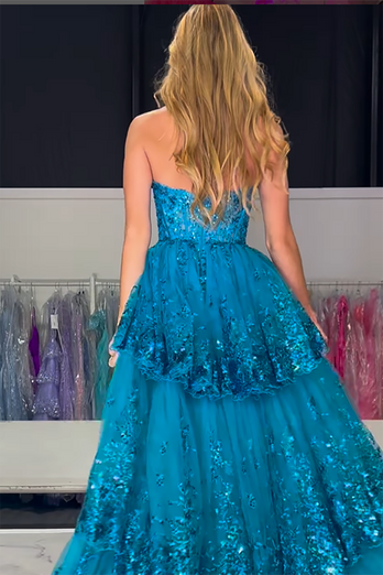 Sparkly Fuchsia Sequin Tiered Long Corset Formal Dress with Appliques