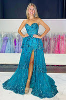 Load image into Gallery viewer, Sparkly Fuchsia Sequin Tiered Long Corset Formal Dress with Appliques