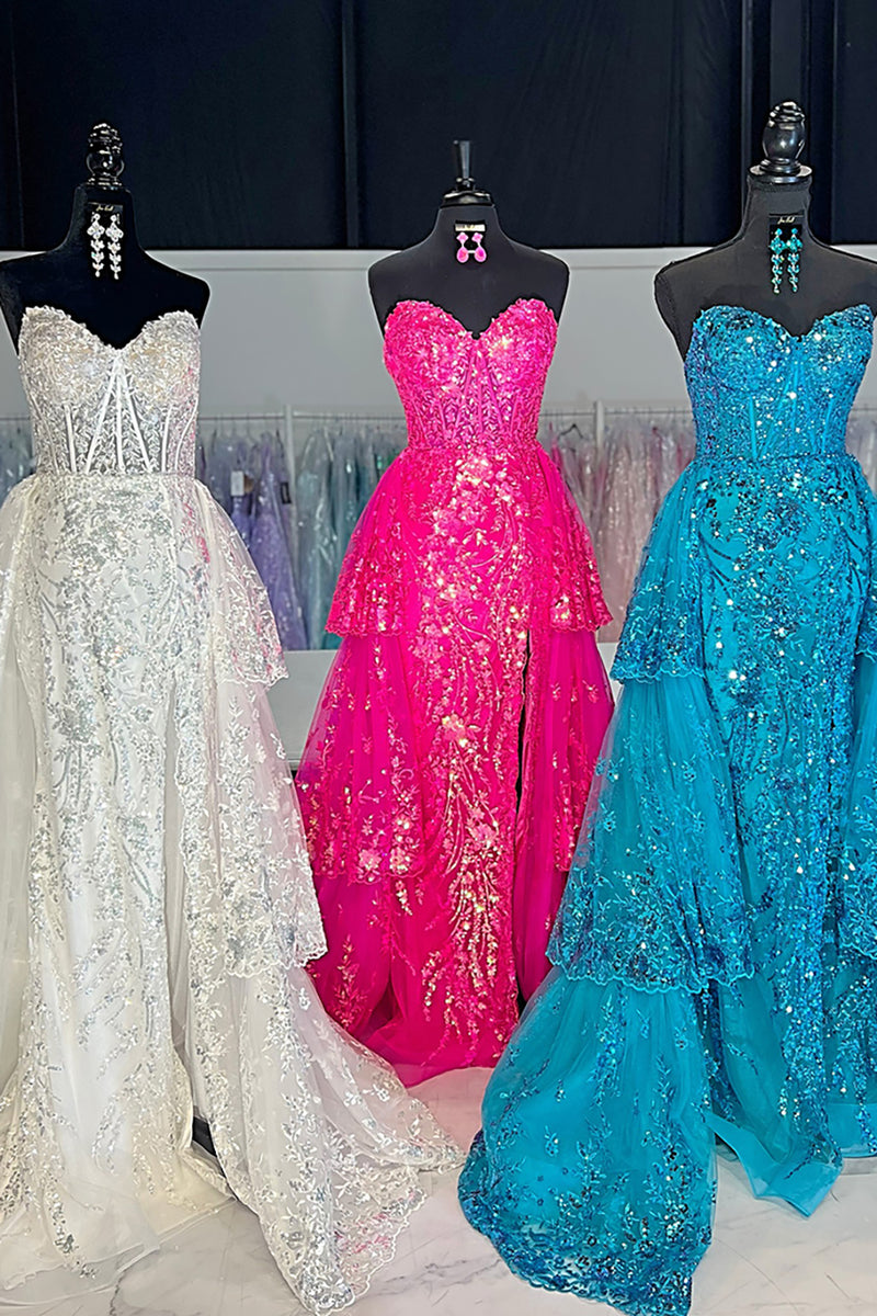 Load image into Gallery viewer, Sparkly Fuchsia Sequin Tiered Long Corset Formal Dress with Appliques