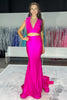 Load image into Gallery viewer, Red Two Piece Satin Long Formal Dress with Feathers