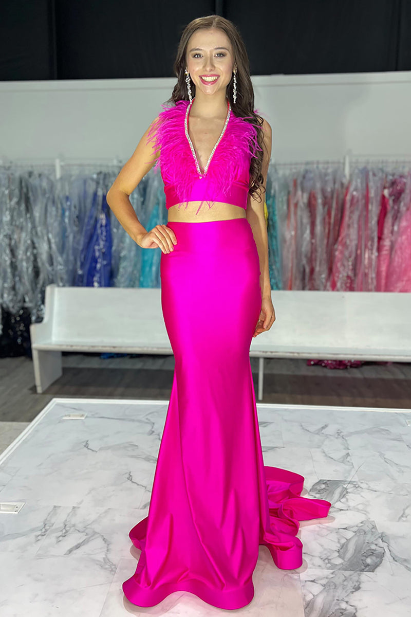 Load image into Gallery viewer, Red Two Piece Satin Long Formal Dress with Feathers