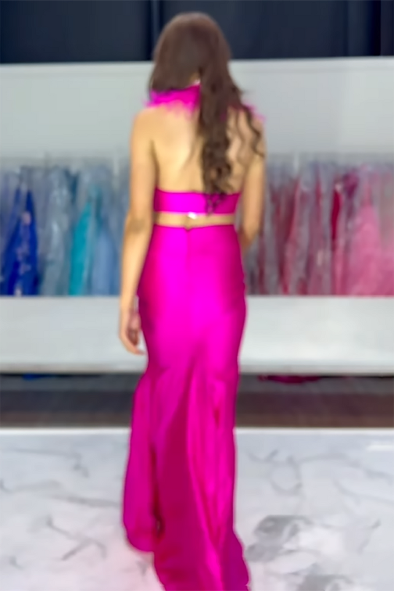 Load image into Gallery viewer, Red Two Piece Satin Long Formal Dress with Feathers