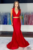 Load image into Gallery viewer, Red Two Piece Satin Long Formal Dress with Feathers
