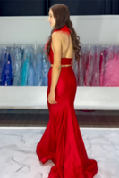 Load image into Gallery viewer, Red Two Piece Satin Long Formal Dress with Feathers