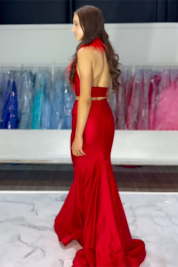 Red Two Piece Satin Long Formal Dress with Feathers