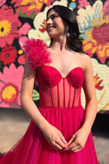 Fuchsia Tulle Corset A Line Long Formal Dress with Ruffles