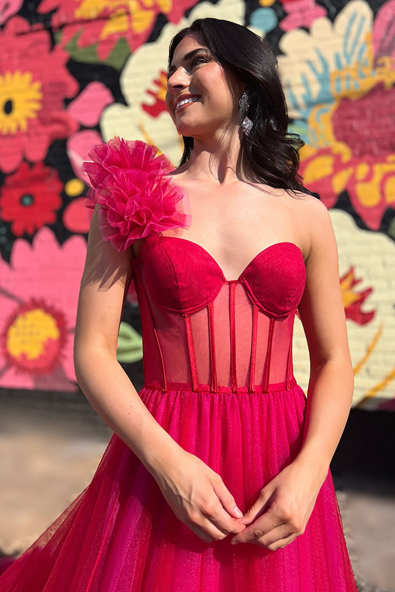 Load image into Gallery viewer, Fuchsia Tulle Corset A Line Long Formal Dress with Ruffles