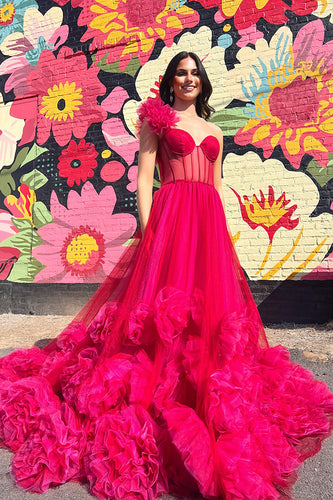 Fuchsia Tulle Corset A Line Long Formal Dress with Ruffles