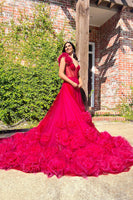 Load image into Gallery viewer, Fuchsia Tulle Corset A Line Long Formal Dress with Ruffles