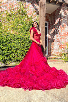 Fuchsia Tulle Corset A Line Long Formal Dress with Ruffles