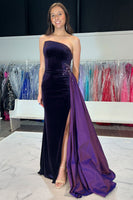 Load image into Gallery viewer, Royal Blue Velvet Strapless Mermaid Long Formal Dress with Side Cape