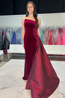 Load image into Gallery viewer, Royal Blue Velvet Strapless Mermaid Long Formal Dress with Side Cape