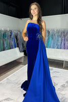 Load image into Gallery viewer, Royal Blue Velvet Strapless Mermaid Long Formal Dress with Side Cape